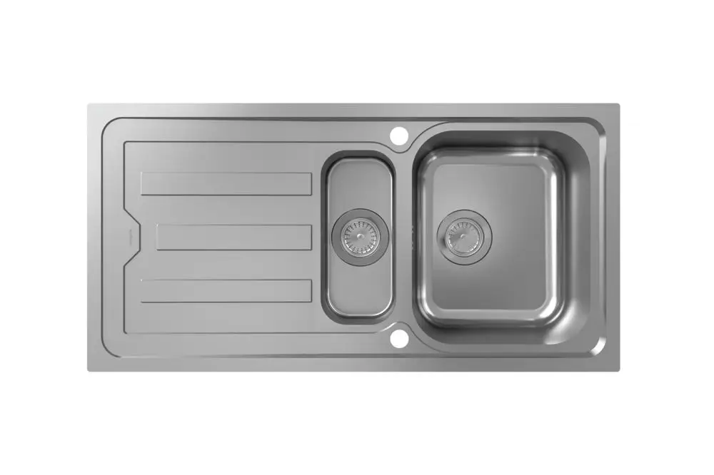 Edelstahlspüle von Hansgrohe mit zwei Becken, inklusive einer Abtropffläche und einer automatischen Ablaufgarnitur.